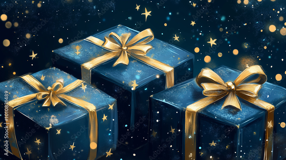 Generative AI illustration of blue gifts with golden bows and ribbons placed on blue background near stars
Generative AI illustration of blue gifts with golden bows and ribbons placed on blue background near stars