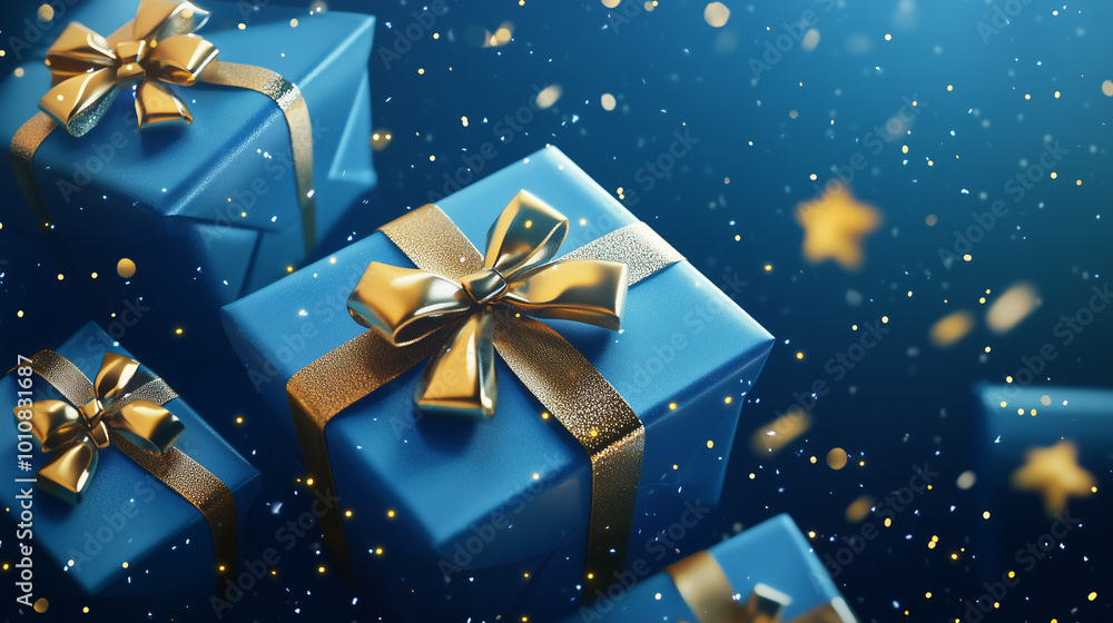 Generative AI illustration of blue gifts with golden bows and ribbons placed on blue background near stars
Generative AI illustration of blue gifts with golden bows and ribbons placed on blue background near stars