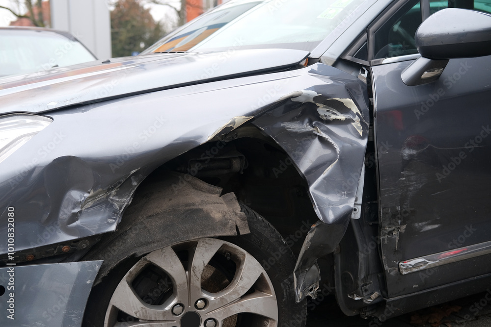 Fototapeta premium wrecked car close-up, severely damaged car after car accident, Huge dent in car body, safety first, reckless driving, insurance claim, repair costs