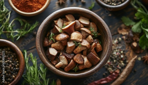 A wooden bowl filled with chopped mushrooms surrounded by spices and herbs.