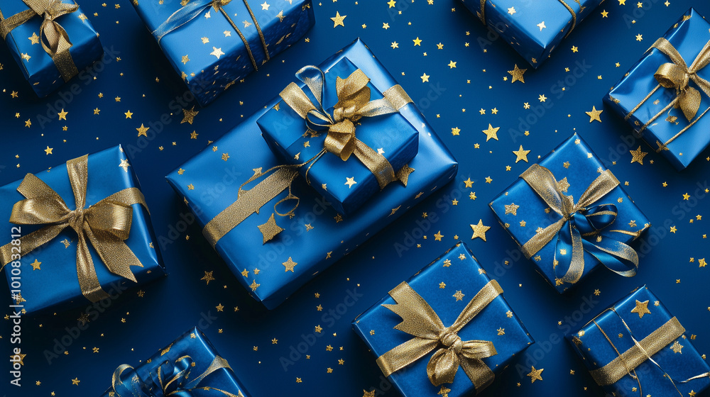 Generative AI illustration of blue gifts with golden bows and ribbons placed on blue background near stars
Generative AI illustration of blue gifts with golden bows and ribbons placed on blue background near stars