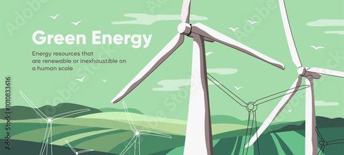 Design of web banner about renewable green energy. Wind turbines for generation eco clean power. Modern windmills, propellers to get alternative, sustainable electricity. Flat vector illustration