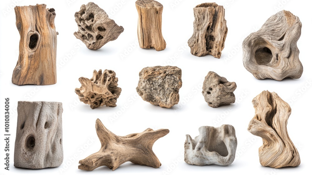 Collection of various driftwood pieces isolated on white background. Collection of various driftwood pieces isolated on white background.