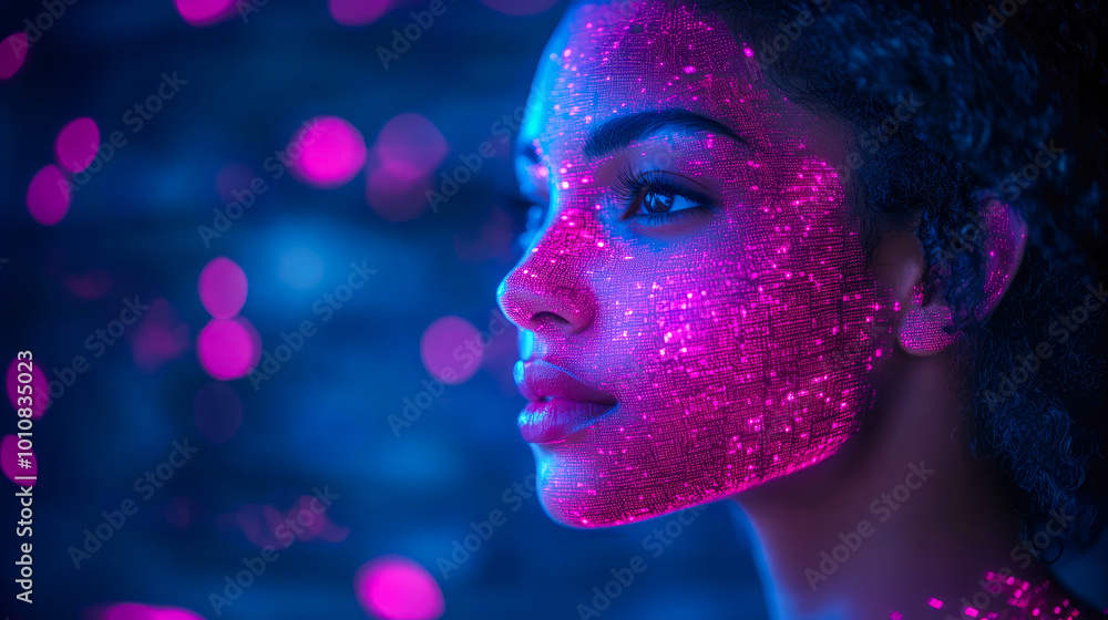 A futuristic digital face showcasing high-tech glowing patterns and networks, reflecting advanced technology concepts. A futuristic digital face showcasing high-tech glowing patterns and networks, reflecting advanced technology concepts.