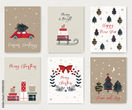 New Year's Crhristmas greeting cards. A set of holiday cards. Christmas illustrations in vector	
