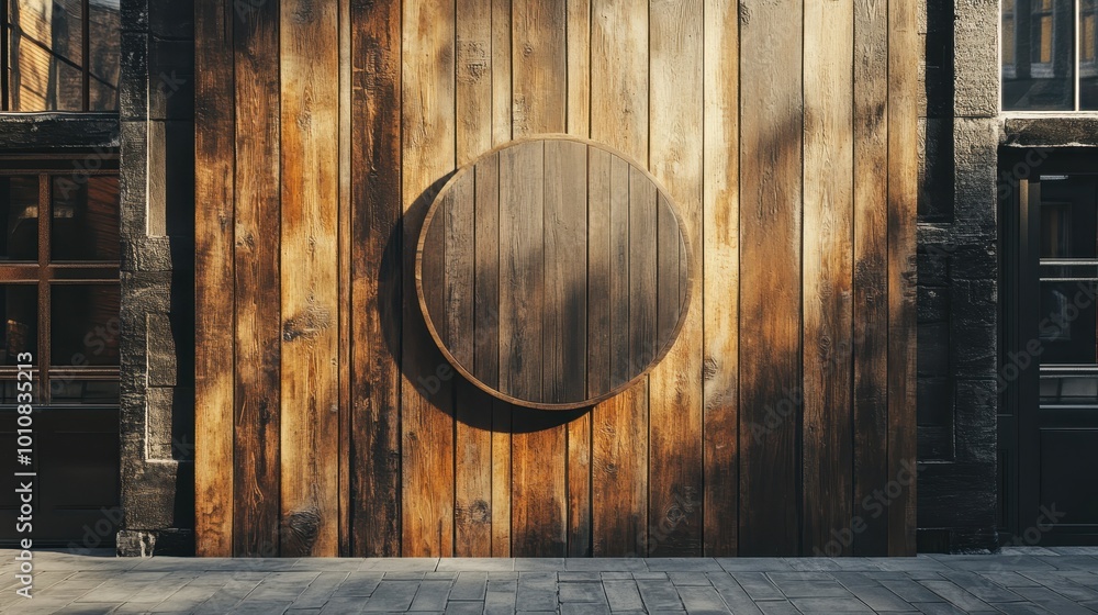 Circular Wooden Signboard on Rustic Wall Circular Wooden Signboard on Rustic Wall
