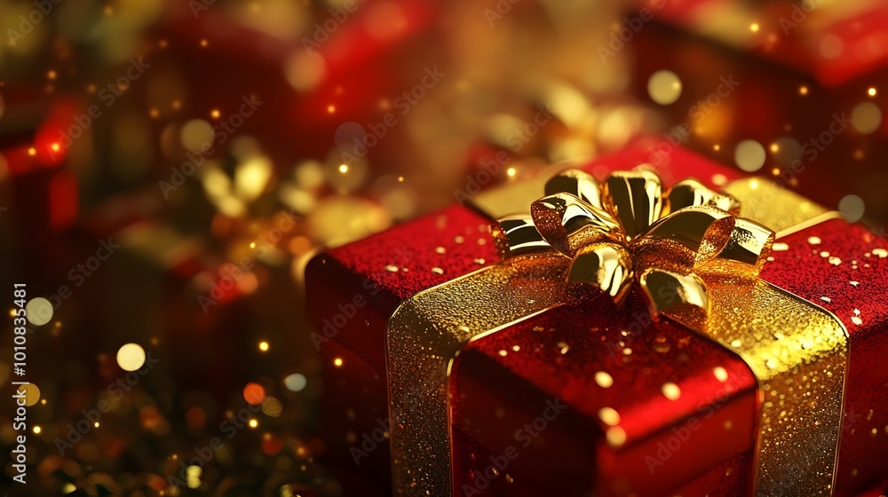 Christmas and New Year gifts on blur background. 3D creative Yellow & Red Gift Box. 3D red gift boxes with ribbon in gold . 3D rendering of a modern holiday surprise box. copy space texture concep Christmas and New Year gifts on blur background. 3D creative Yellow & Red Gift Box. 3D red gift boxes with ribbon in gold . 3D rendering of a modern holiday surprise box. copy space texture concep