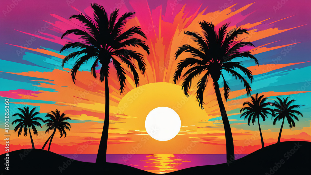 sunset with the palms tree on colourful background. Vector illustration sunset with the palms tree on colourful background. Vector illustration