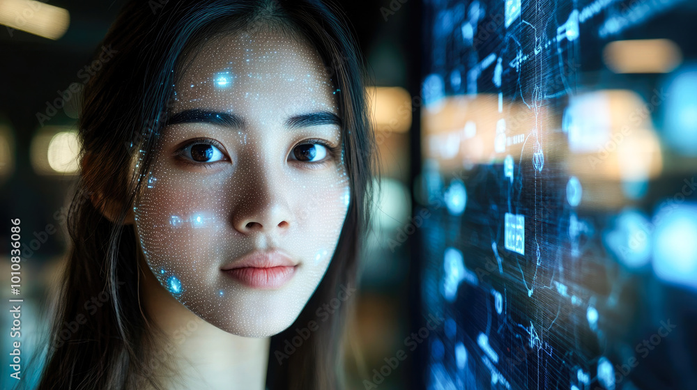 A woman's face with a digital mesh overlay amidst a futuristic background, suggesting technology's integration with human identity. A woman's face with a digital mesh overlay amidst a futuristic background, suggesting technology's integration with human identity.