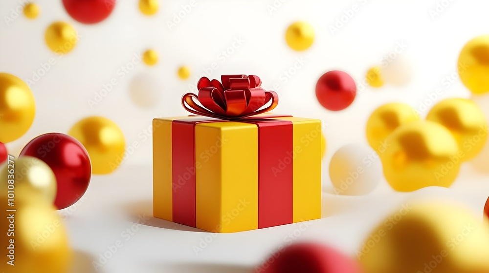 Obraz premium Christmas and New Year gifts on white background. 3D creative Yellow & Red Gift Box. 3D yellow gift boxes with ribbon in red . 3D rendering of a modern holiday surprise box. copy space texture concep