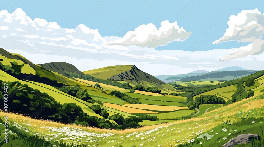 Lush green valleys under a bright sky in the countryside during sunny weather Lush green valleys under a bright sky in the countryside during sunny weather