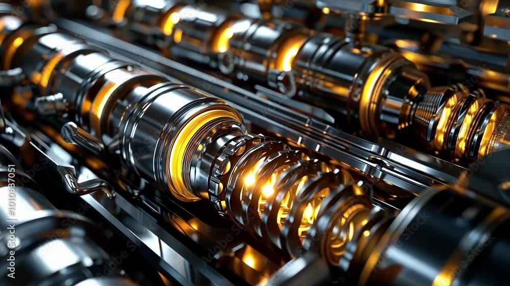 Chrome and steel pistons pumping as a powerful engine roars to life. This high tech power plant is a key piece of technology Chrome and steel pistons pumping as a powerful engine roars to life. This high tech power plant is a key piece of technology