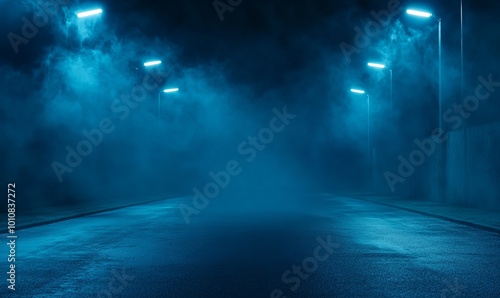 A dark empty street  dark blue background  an empty dark scene  neon light  spotlights The asphalt floor and studio room with smoke float up the interior texture. night view