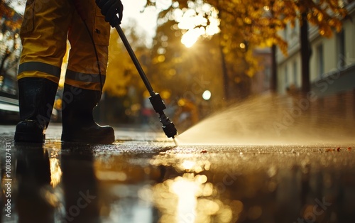 Worker using high-pressure water to clean pavement, dynamic water spray, outdoor maintenance, fall season cleaning