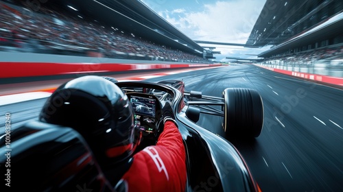 Formula 1 race car speeding down track, with blurred background of crowded stadium and blue sky. Close-up, perspective from inside the car photo