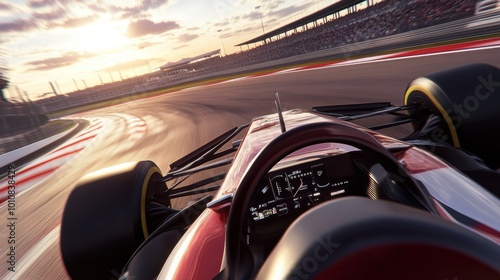 View from inside Formula 1 racing car moving along winding track at high speed under dramatic sunset sky.