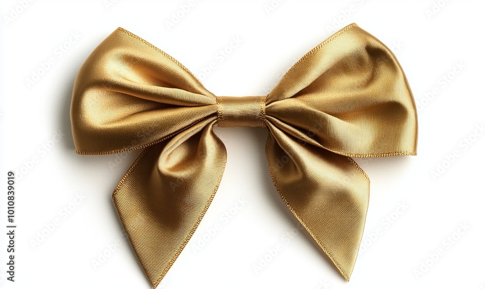 A gold ribbon bow is shown on a white background A gold ribbon bow is shown on a white background