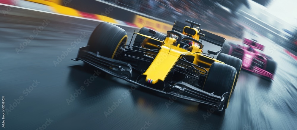 Fototapeta premium Formula 1 race with yellow car leading pink car on a wet track. Hight speed, intense competition