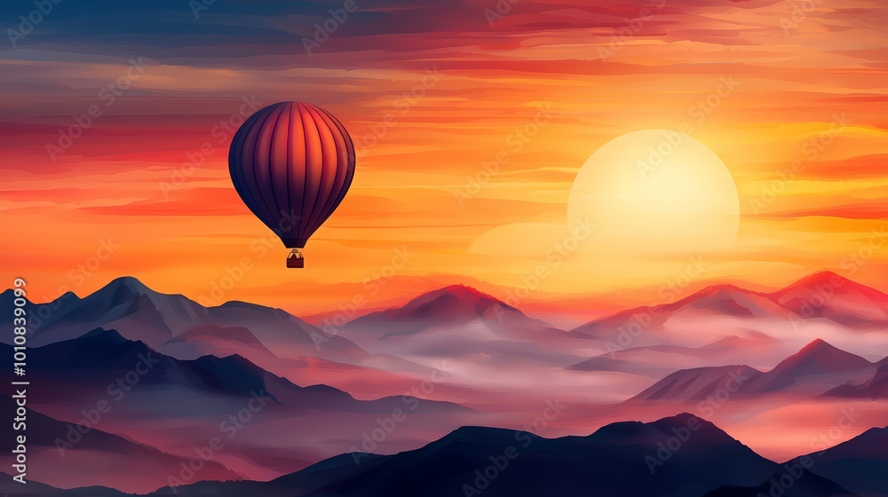 Fototapeta premium Hot air balloon over misty mountain scenery, vibrant sunrise, peaceful travel adventure, scenic aerial view