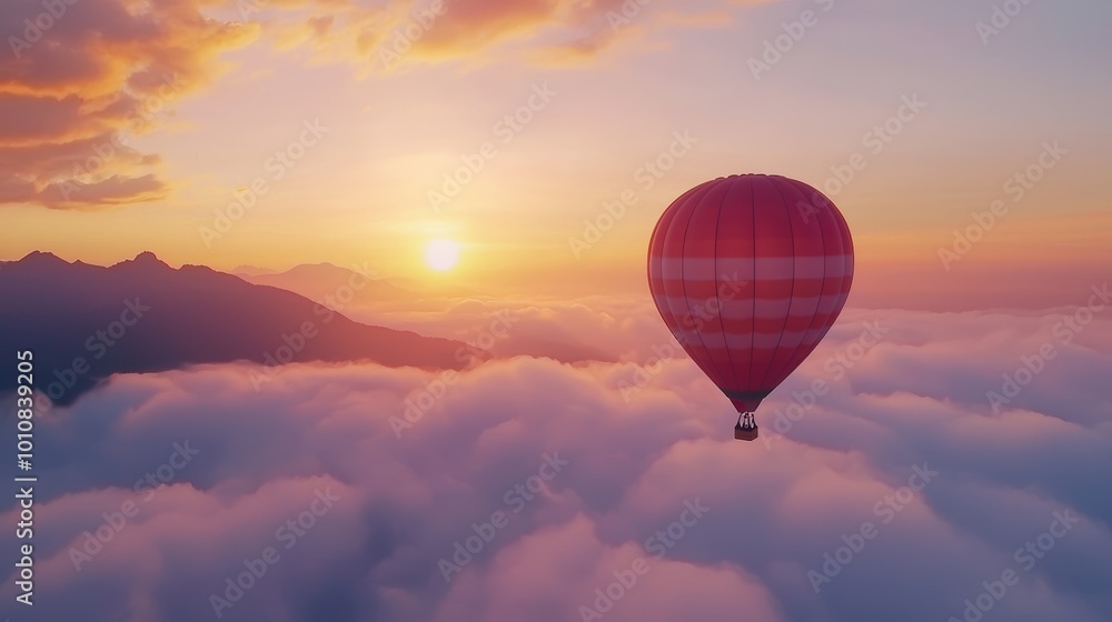 Hot air balloon over misty mountain scenery, vibrant sunrise, peaceful travel adventure, scenic aerial view Hot air balloon over misty mountain scenery, vibrant sunrise, peaceful travel adventure, scenic aerial view