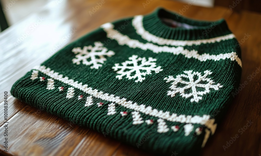 A green and white Christmas sweater with three snowflakes on it A green and white Christmas sweater with three snowflakes on it