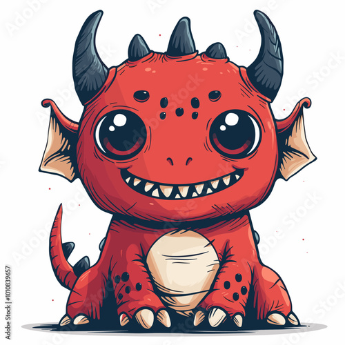 A cartoonish red monster with horns and a big smile on its face. The monster is standing on a white background