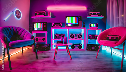 Neon-lit retro room with vintage TVs and boomboxes
