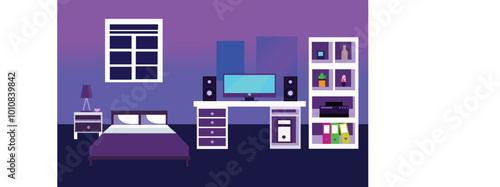 Cozy room interior vector with computer and bed illustration, bed, computer monitor or TV, work desk