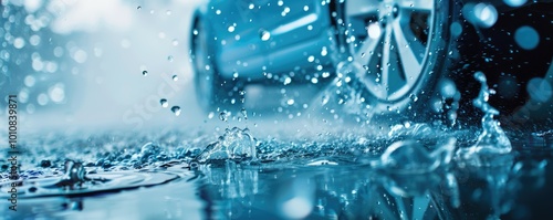  Water splashes over a car's surface in an abstract shot, focusing on the water droplets and motion during a car wash.