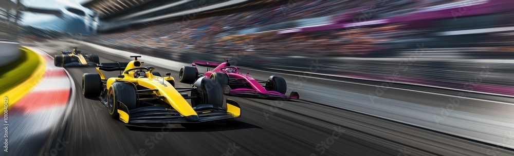 Three Formula 1 cars racing on a track, with a yellow car in the lead. Blurred background showing high speed Three Formula 1 cars racing on a track, with a yellow car in the lead. Blurred background showing high speed