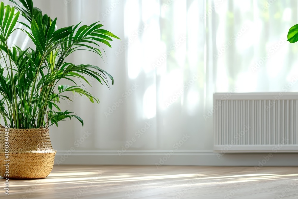 Modern living room with large window, indoor plants, minimalist design, white radiator on wall, cozy interior atmosphere Modern living room with large window, indoor plants, minimalist design, white radiator on wall, cozy interior atmosphere