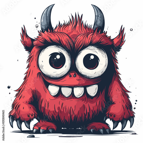 A cartoonish red monster with horns and a big smile on its face. The monster is standing on a white background