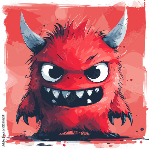 A cartoonish red monster with horns and a big smile on its face on red background vector illustration