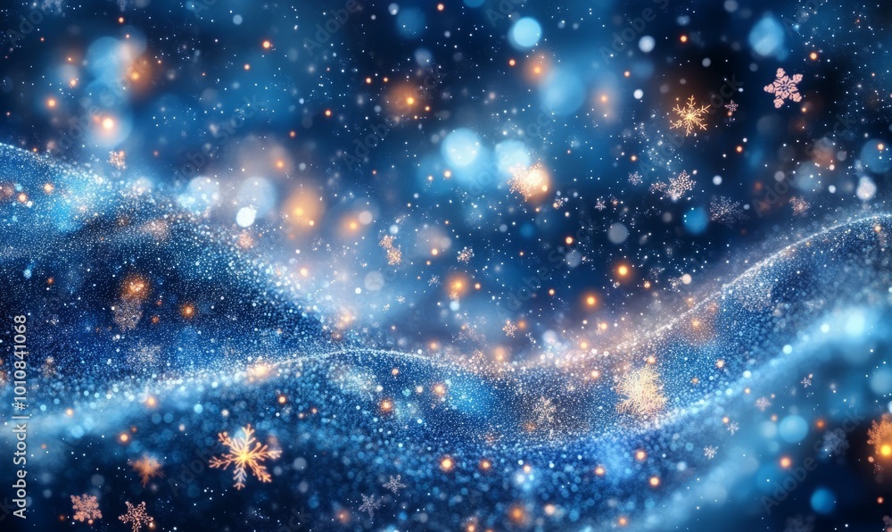 An abstract winter wonderland with glowing light trails and swirling snowflakes, set against a deep blue sky filled with shimmering stars An abstract winter wonderland with glowing light trails and swirling snowflakes, set against a deep blue sky filled with shimmering stars