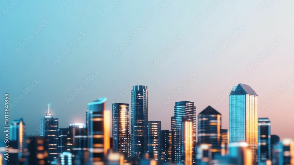 Obraz premium A modern city skyline with illuminated skyscrapers at dusk, showcasing advanced urban development and contemporary architecture..