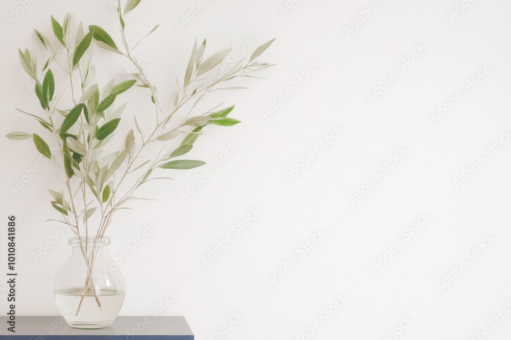 Simple vase with green branches on a minimalist backdrop. Simple vase with green branches on a minimalist backdrop.