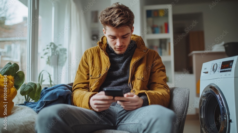 Young Man Relaxing with Smartphone at Home Young Man Relaxing with Smartphone at Home