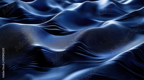 Abstract 3D rendering of digital waves in a blue and black color scheme, creating a dynamic, flowing background perfect for technology themes.