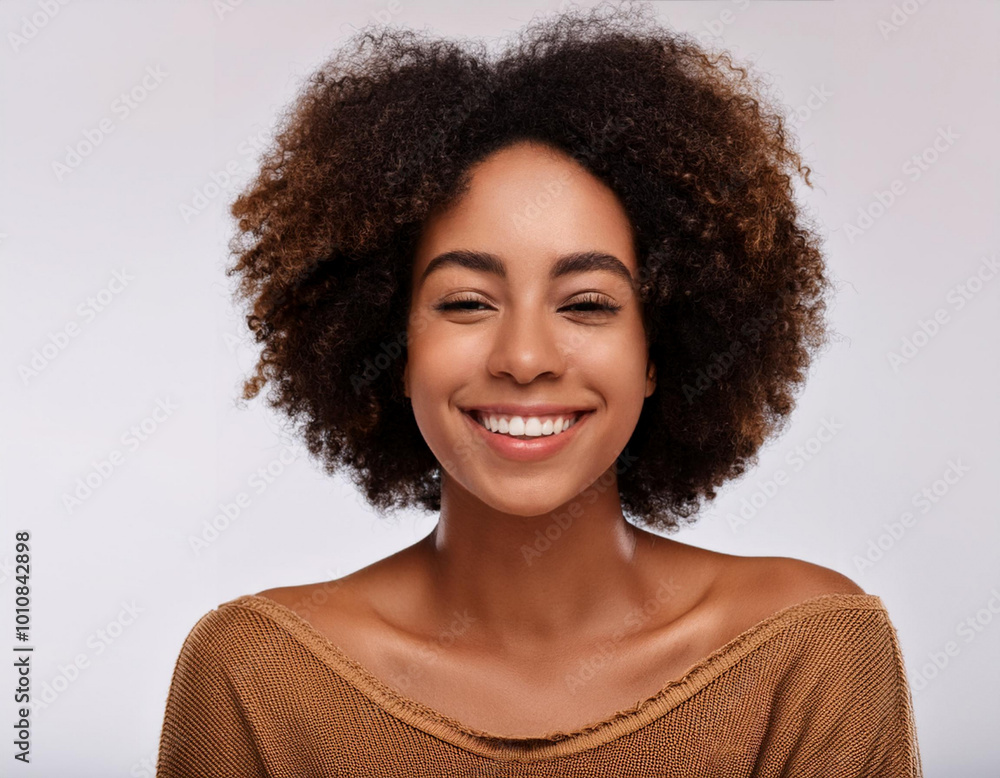 woman portrait happy African American girl smiling with afro hair isolated in gray background woman portrait happy African American girl smiling with afro hair isolated in gray background
