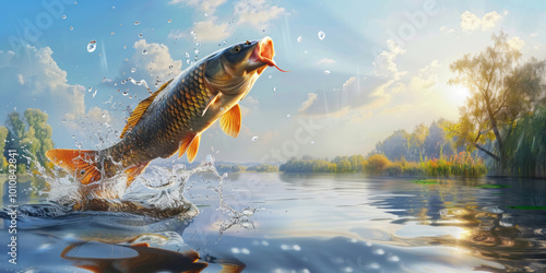 An open-mouth carp jumping out of the water, splashing water droplets in mid-air, with detailed scales and vibrant colors against a backdrop of a serene lake or river scene on a sunny day.