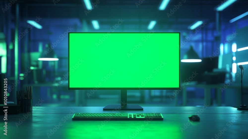 Futuristic Workspace with Green Screen Computer Futuristic Workspace with Green Screen Computer