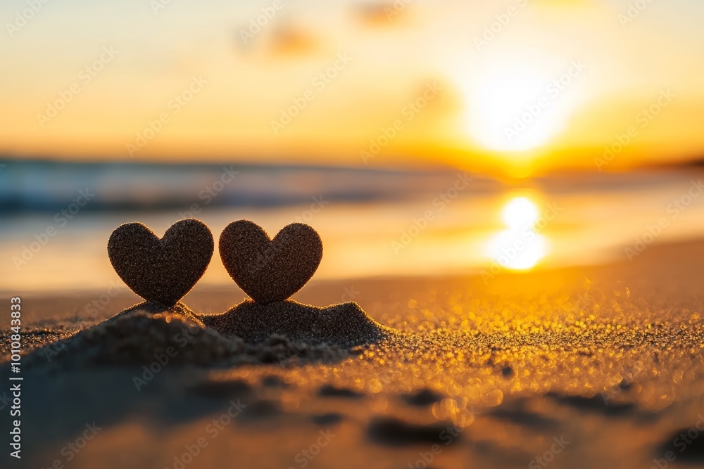 Fototapeta premium Romantic hearts in the sand near shoreline, sunset reflecting on water, love and togetherness at the beach