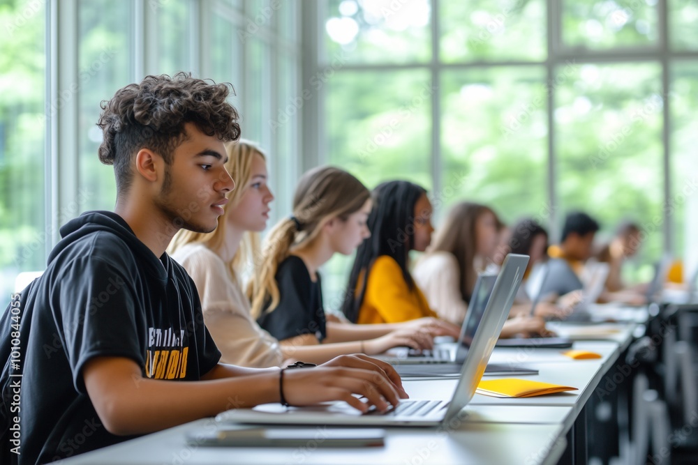 A modern classroom filled with diverse students working diligently on their laptops A modern classroom filled with diverse students working diligently on their laptops