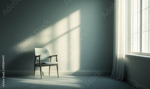 Minimalist scene of a single chair in an empty room, with soft light from a nearby window creating a peaceful, contemplative atmosphere