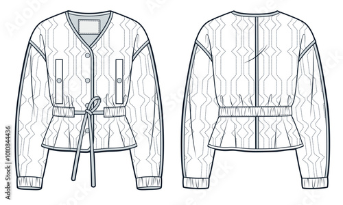 Down Jacket technical fashion Illustration. Padded Quilted Jacket fashion flat technical drawing template, drawstring waist, pocket, button, front back view, white, women, men, unisex CAD mockup.