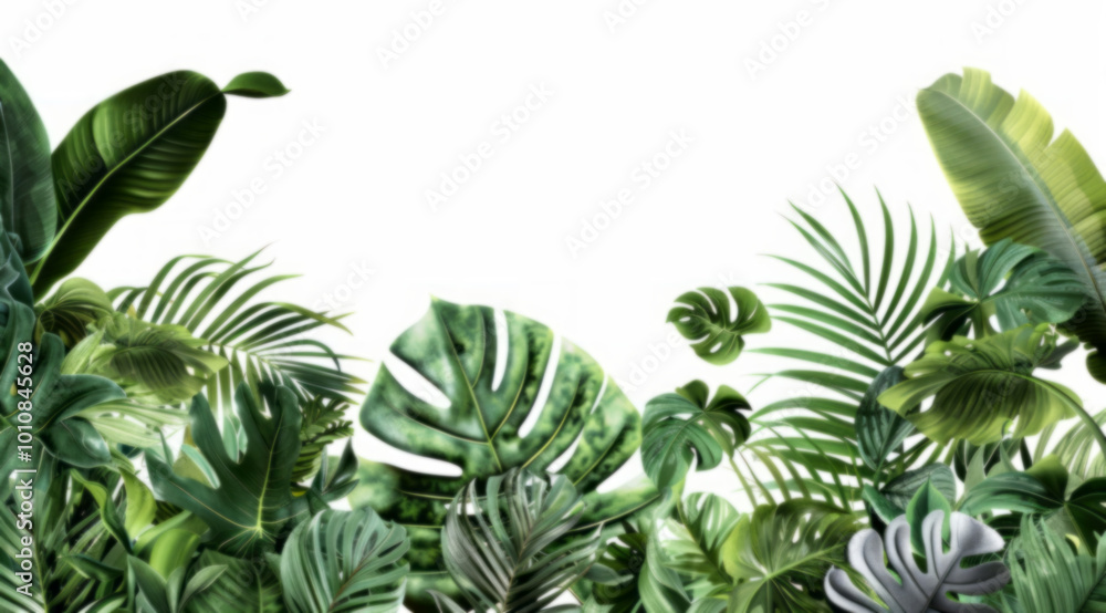 A horizontal wall with various tropical plants and leaves is on a white background. A horizontal wall with various tropical plants and leaves is on a white background.