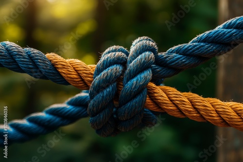 Tight knots between two ropes, symbolizing partnership and strength, colorful ropes in focus