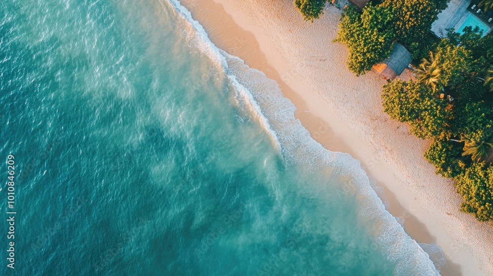 Φωτογραφία Aerial view of the Vietnamese coastline, with ocean waves gently lapping against the sandy shore, ideal for summer vacation or travel themes