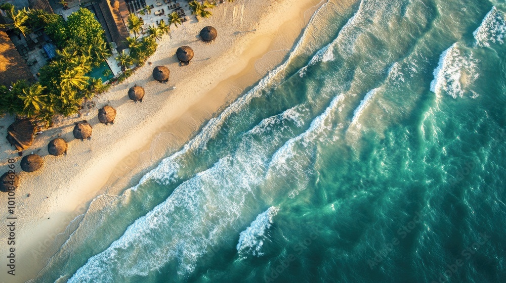Φωτογραφία Aerial view of the Vietnamese coastline, with ocean waves gently lapping against the sandy shore, ideal for summer vacation or travel themes