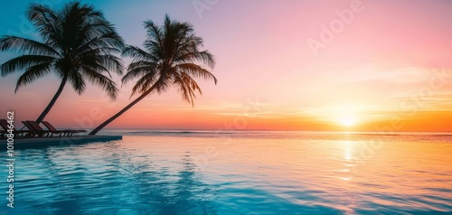 Tropical poolside at sunset  couple on loungers  serene ocean view  palm trees  peaceful and luxurious travel retreat